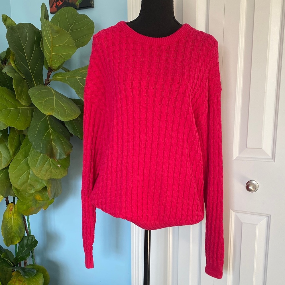 Rare Vintage 1980 London Fog Large Fuchsia 100% Cotton Cable Knit Sweater